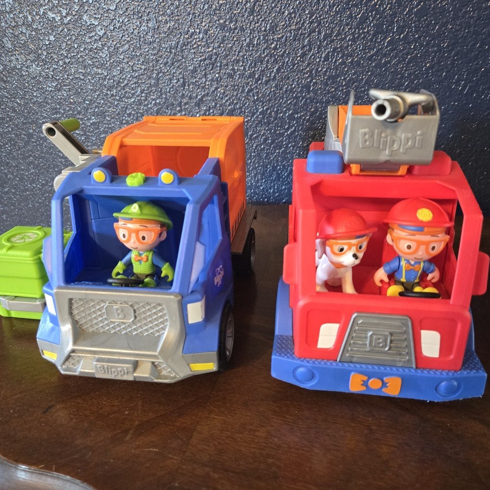 Blippi Garbage Truck and Fire Truck Toy Set - Blue and Red